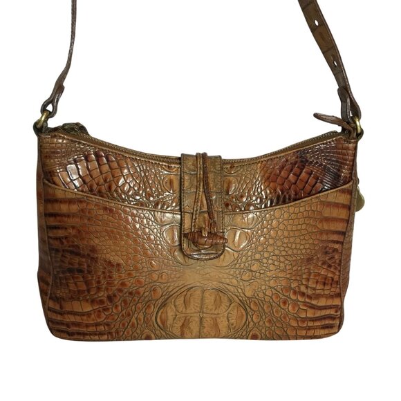 Brahmin Tan Croc Embossed Leather Shoulder Bag With Adjustable Strap - Picture 1 of 13